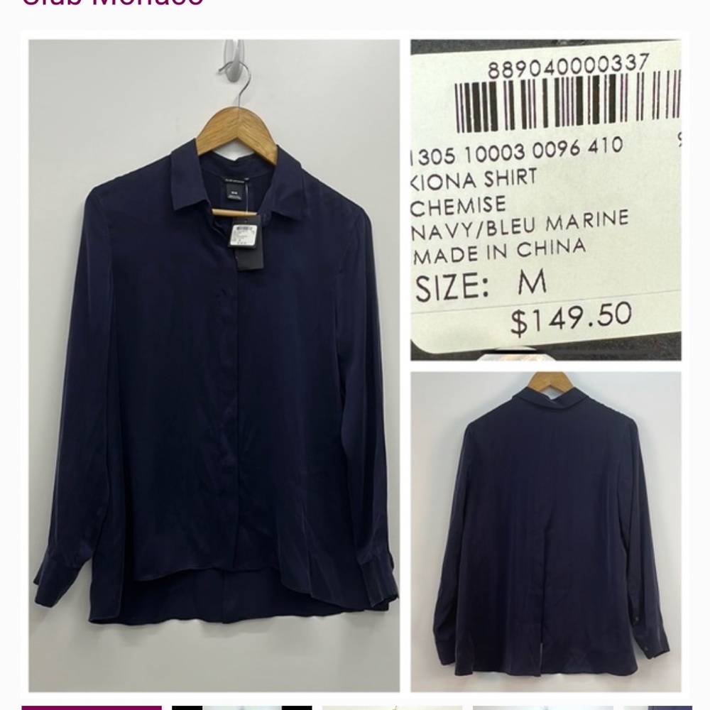 Club Monica 100% Silk NWT Kiona Navy Chemise Blouse Size Medium MSRP $149